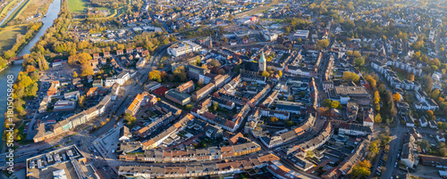 An aerial panorama view above the old town of the city Dorsten on a sunny autumn day in Germany