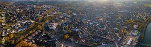 An aerial panorama view above the old town of the city Dorsten on a sunny autumn day in Germany