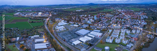An aerial panorama view above the old town of the city Giessen on a late  afternoon in autumn in Germany