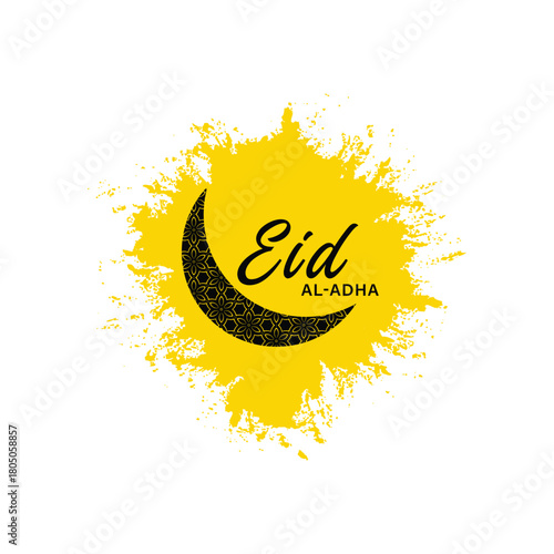 Eid aladha greeting card design with crescent moon and yellow splash