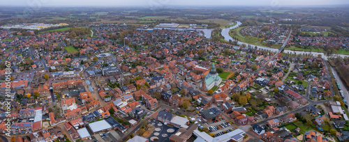 An aerial panorama view above the old town of the city Haren (Ems), 49733 on an early summer morning in Germany