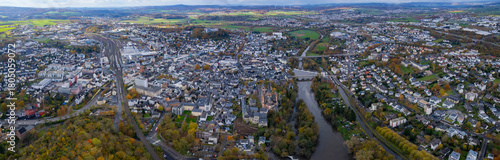 An aerial panorama view above the old town of the city Limburg on an early summer morning in Germany