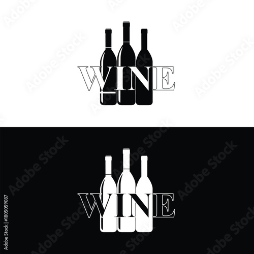 Elegant wine logo design featuring three bottles and the word wine
