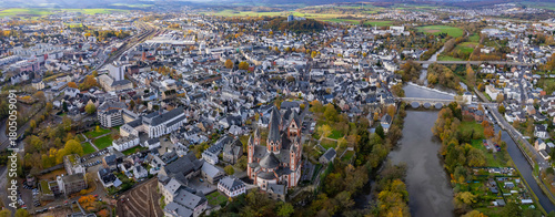 An aerial panorama view above the old town of the city Limburg on an early summer morning in Germany