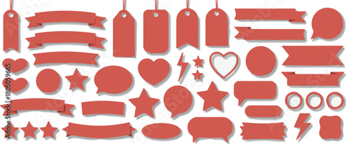 Red Ribbons Tags Speech Bubbles Hearts and Stars Set Keywords: red, ribbons, tags, speech