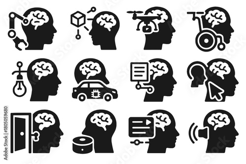 Wheelchair icon assistant controlled brain interface vector mental cursor adjusted signal via