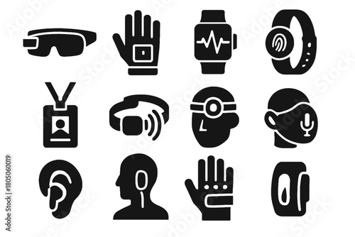 Gesture clip watch monitor bio headlamp lab goggles icon vector wearable band