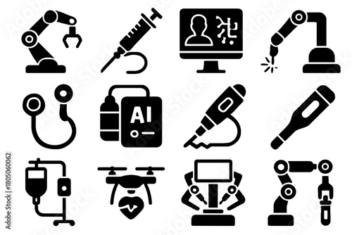 Medical robot surgical console icon diagnosis vector robotic health syringe tools drone