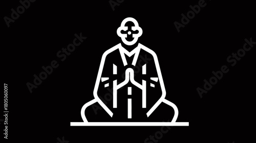 Minimalist line icon of a person meditating in lotus pose, symbolizing yoga, peace, mindfulness, and spiritual well-being.