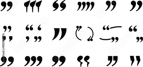 Quotation mark icon set, punctuation symbols, typographic quotes, black quote marks, vector punctuation, graphic design elements, typography clipart collection