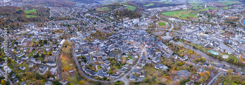 An aerial panorama view above the old town of the city Wetzlar on an early summer morning in Germany