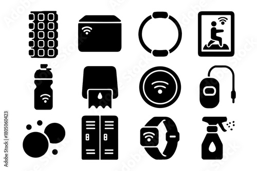 Access workout vector towel charging accessories spray yoga smart gym storage icon