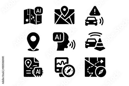 Intelligent pin voice scanner condition navigator ai vector icon smart trip alert