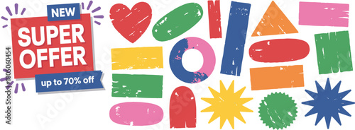 Vector illustration of colorful alphabet letters and set of sale discount tags for children's education and design