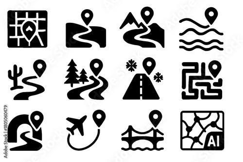 Road map ai mountain route crossing navigator icon layout bridge ocean vector
