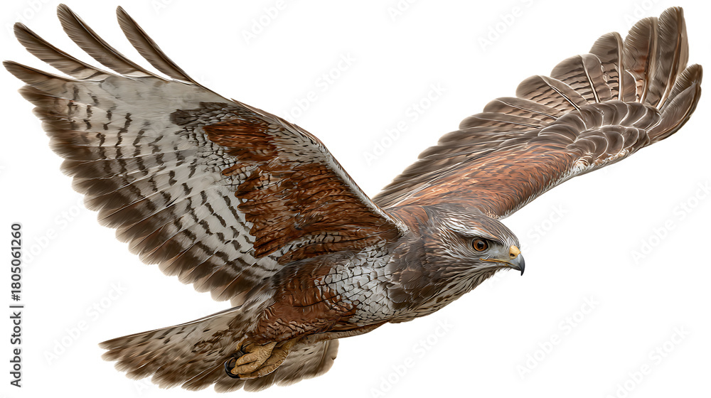 Fototapeta premium A redtailed hawk in flight with wings spread wide against a transparent background