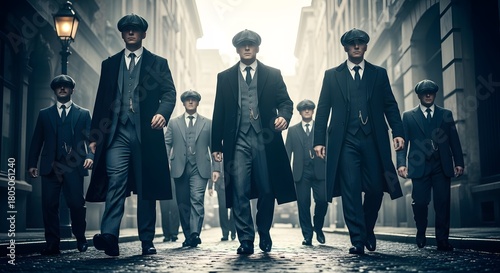 A group of men in flat caps and long coats walk down a cobblestone street, evoking a vintage, gritty atmosphere