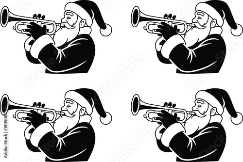 Santa Claus plays a trumpet to announce the holiday season with festive cheer.