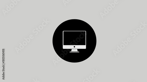Flat design desktop computer monitor icon, white symbol in black circle on grey background, modern technology, display, screen graphic.