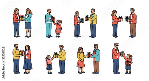 People exchanging gifts in various scenarios