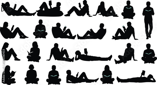 Collection of silhouettes reading people in various positions on white background
