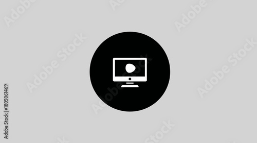 Modern flat design vector icon of a desktop computer monitor screen displaying a play button symbol within a black circle on grey background.