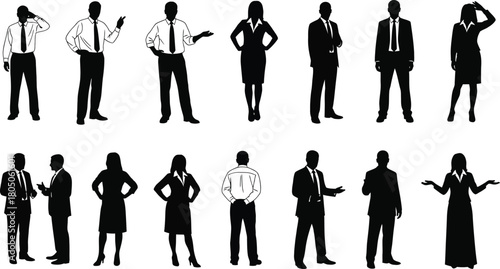 Business People Silhouettes Standing in Various Poses Representing Team and Communication