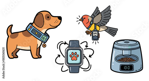 Cartoon dog, bird, smart pet feeder, and smartwatch with tracking  Animal-Computer Interaction icon set.