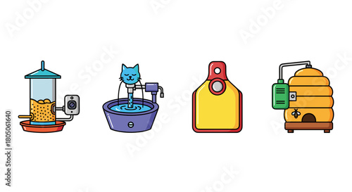 Cartoon-style pet supplies including feeder, water fountain, and tags  Animal-Computer Interaction icon set.