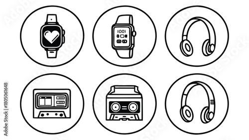 Collection of six circular icons featuring wearable technology and audio devices smartwatch heart rate monitor