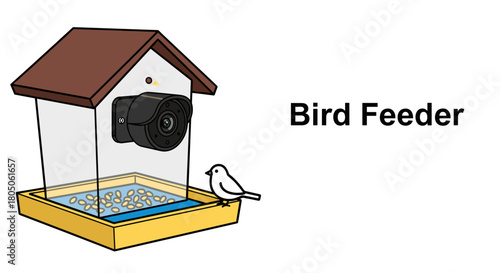 Bird feeder with a bird sitting on the platform in a simple design  Animal-Computer Interaction icon set.