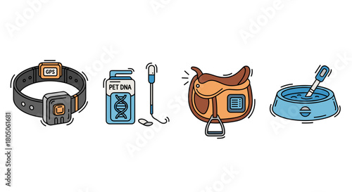 Pet care accessories including GPS collar, vaccination tag, saddle, and water bowl  Animal-Computer Interaction icon set.