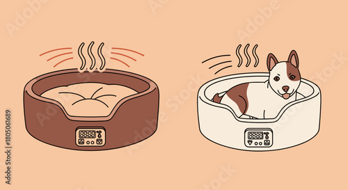 Illustrations of two dog  heated beds with one dog relaxing inside  , Animal-Computer Interaction icon set.