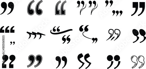Quotation mark icon set, typographic quote symbols, punctuation design elements, editorial graphic pack, stylish quote marks, font punctuation collection