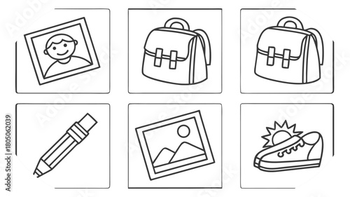 Collection of six square outline icons featuring school and outdoor items photo picture