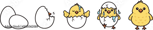 Cute cartoon chick hatching from egg in different stages of development
