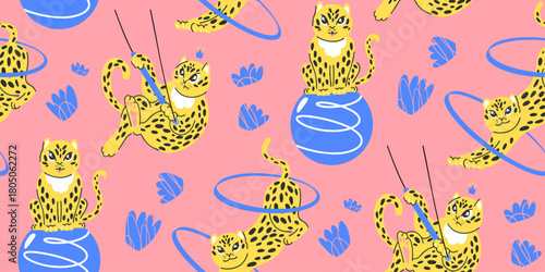 Seamless rich circus pattern with wild cats and gymnastics equipment, cheetahs in pink and yellow
