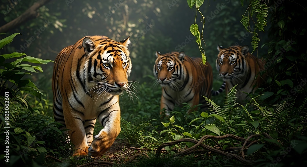 Fototapeta premium Three tigers in a lush green jungle scene with sunlight and detailed fur