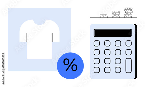 Blue-shirt icon, percent sign, calculator, and coin stacks highlight financial topics. Ideal for retail, budgeting, pricing, e-commerce profit analysis tax accounting concepts. Simple flat