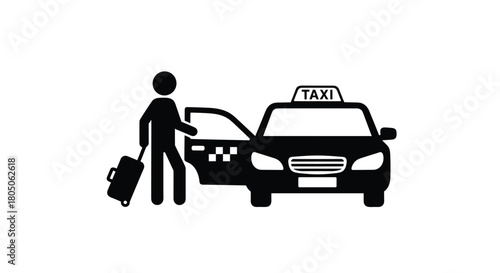 Stick figure passenger hailing a taxi with luggage airport transportation icon fast city travel convenient cab service urban transport travel planning, Generative AI.