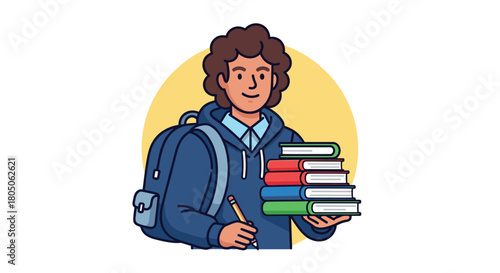 Happy student with books and backpack ready to learn smiling for back to school promotions and educational content positive vibes and a bright future, Generative AI.