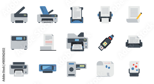 Diverse office printer icons set featuring paper and document designs