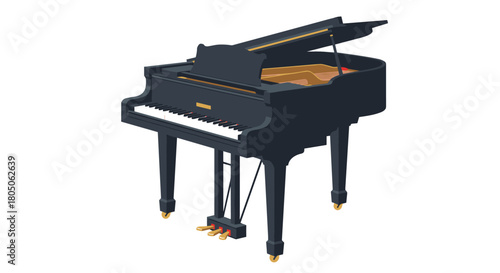 Elegant isometric grand piano with open lid displaying strings and keys