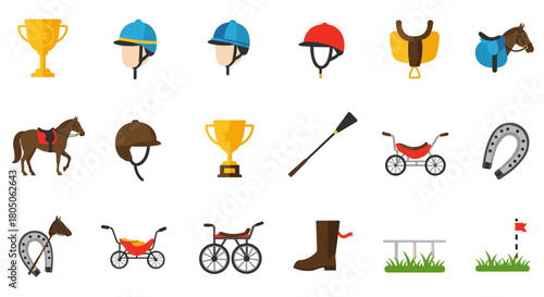 Equestrian gear and trophies collection featuring helmets, saddles, and horses in flat design
