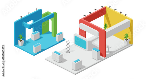 Modern exhibition booth design with colorful 3d isometric structures and displays