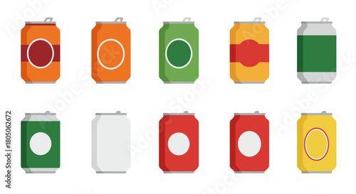 Colorful beverage cans set in flat minimalist style for creative designs