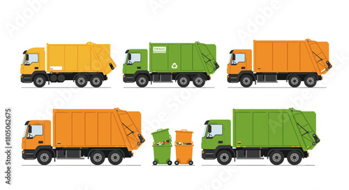 Colorful garbage trucks and recycling bins in side profile collection
