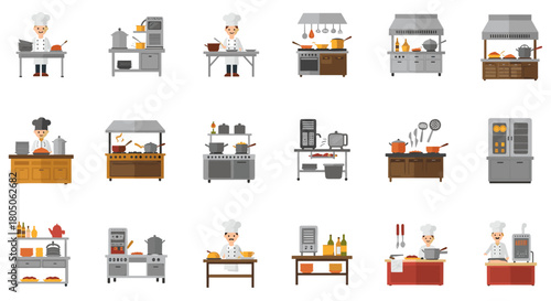 Professional kitchen set with chefs and culinary equipment in flat design