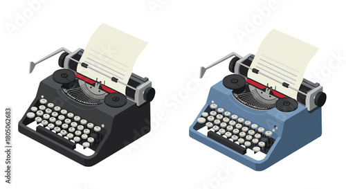 Retro isometric typewriter set on white background with paper sheets