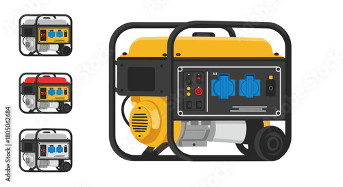 Colorful generator icons set in flat style for power equipment designs